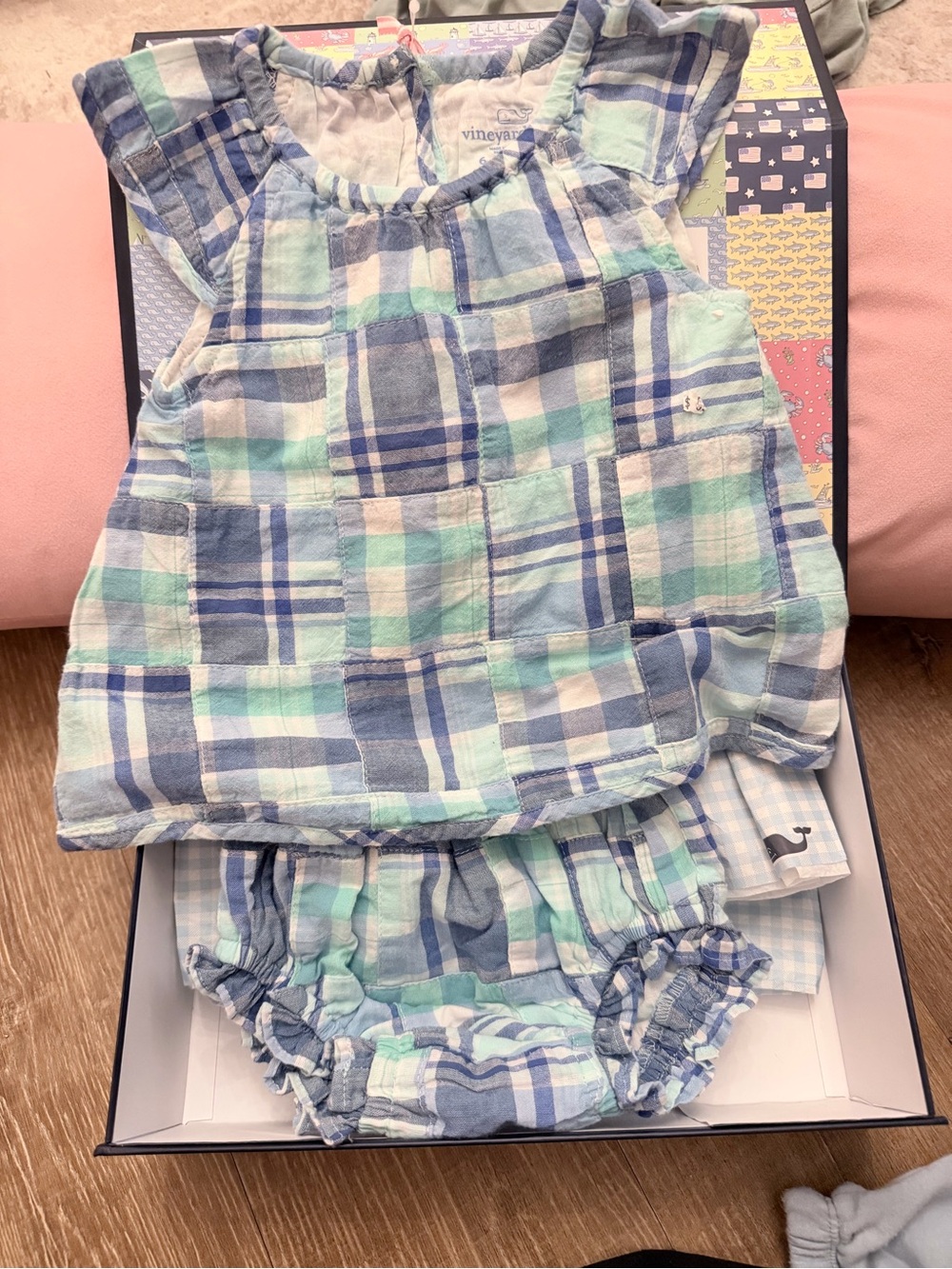 Vineyard Vines Blue, Mint & White Plaid Girls Top and Bloomer Set